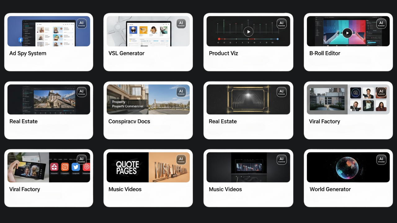 12 AI-Powered Content Workflows - Ad Spy System, VSL Generator, Product Viz, B-Roll Editor, Real Estate, Conspiracy Docs, Viral Factory, Music Videos, World Generator and More